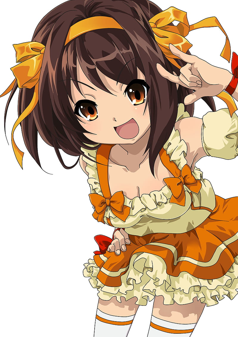 anime, The Melancholy of Haruhi Suzumiya, anime girls, open mouth, brunette, simple background, white background, dress, standing, looking at viewer, HD phone wallpaper