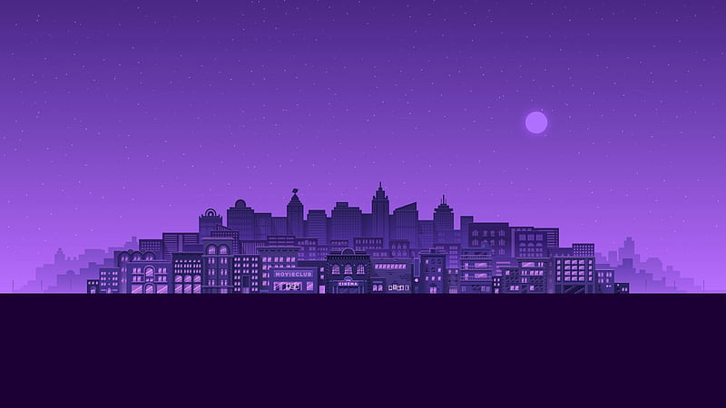 Purple Moon Stars Buildings City Minimal , minimalism, minimalist, city, artist, artwork, digital-art, purple, HD wallpaper