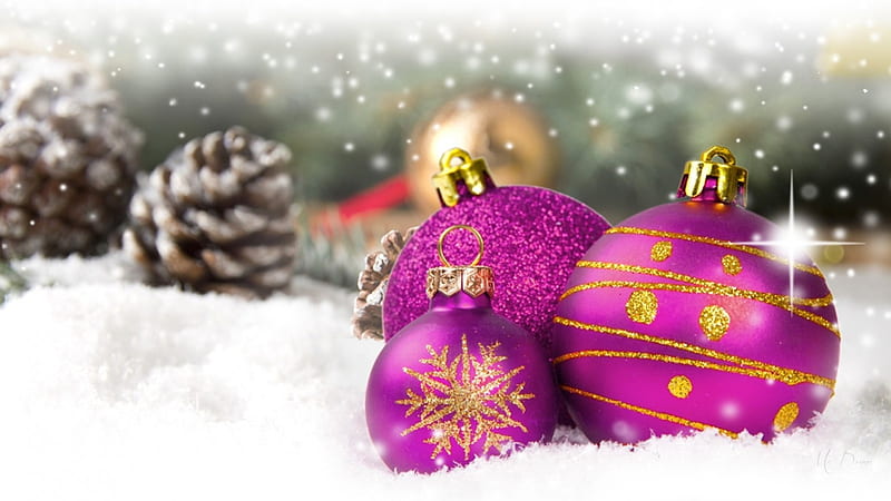 Pink Glass on Snow, pine cones, Christmas, snow, Feliz Navidad, glass balls, decorations, winter, HD wallpaper