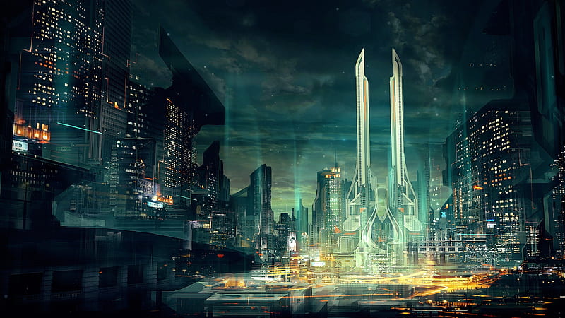 futuristic city, skyscrapers, tower, night, Sci-fi, HD wallpaper