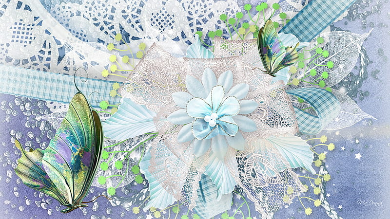 Spring Lace, splatters, lace, collage, ribbons, bows, doilie, butterfly, flower, blue, HD wallpaper