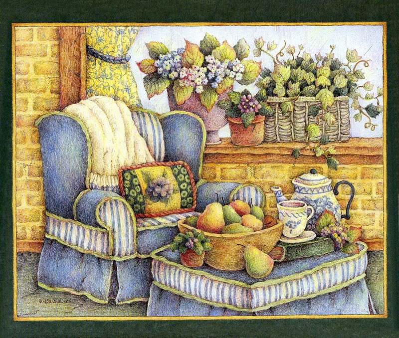 Grandma's Chair, comfy, fruits, plant, home, book, pot, teapot, tea cup, planter, flowers, vines, chair, pillow, window, living room, throw, basket, ottman, HD wallpaper
