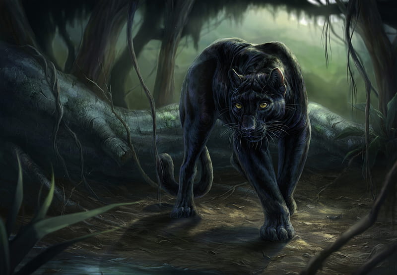 Panthera Pardus, art, luminos, black, panther, animal, fantasy, green, lilian art, HD wallpaper