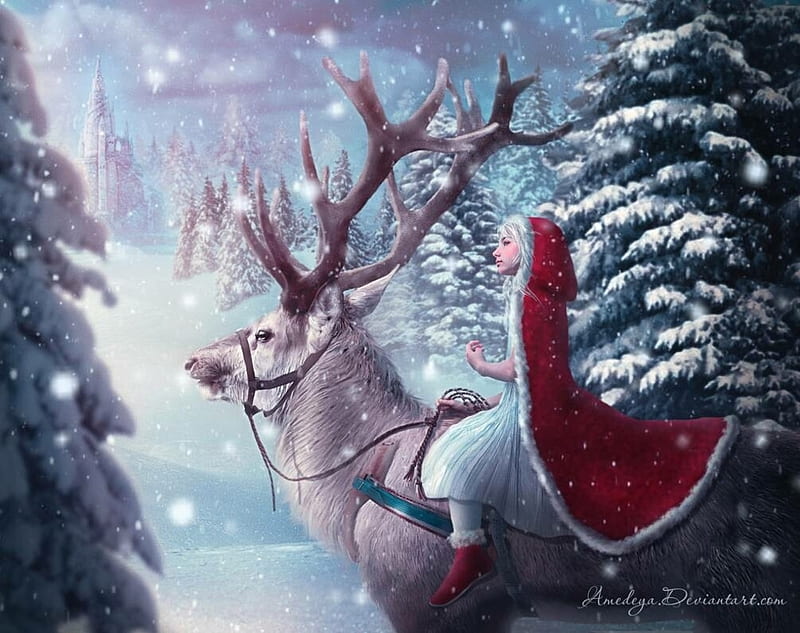 Gerda, craciun, christmas, girl, amedeya ay, reindeer, winter, horns, luminos, fantasy, rd, HD wallpaper