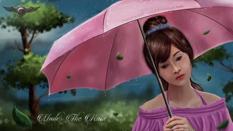 Under the Rainfall, umbrella, fantasy, lady, pink, HD wallpaper