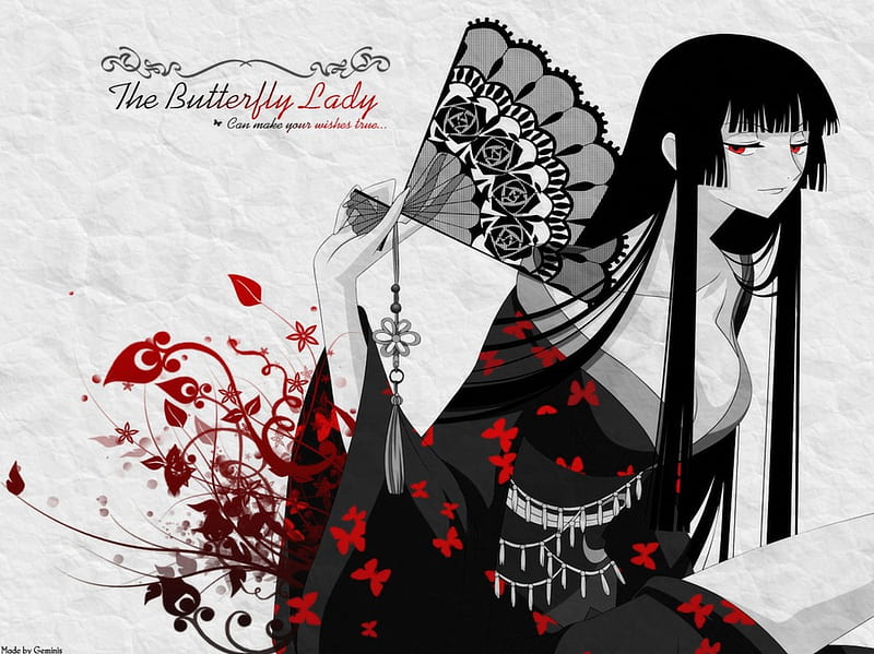 The Butterfly Lady, red, black, sexy, robe, butterfly, anime, hot, fan, xxxholic, yuko, white, HD wallpaper