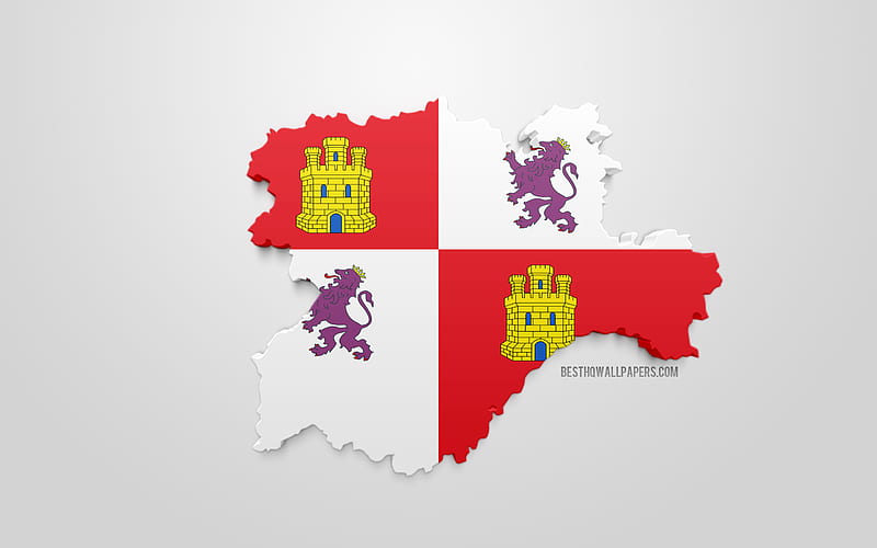 3d flag of Castile and Leon, map silhouette of Castile and Leon, autonomous community, 3d art, Castile and Leon 3d flag, Spain, Europe, Castile and Leon, geography, Castile and Leon 3d silhouette, HD wallpaper