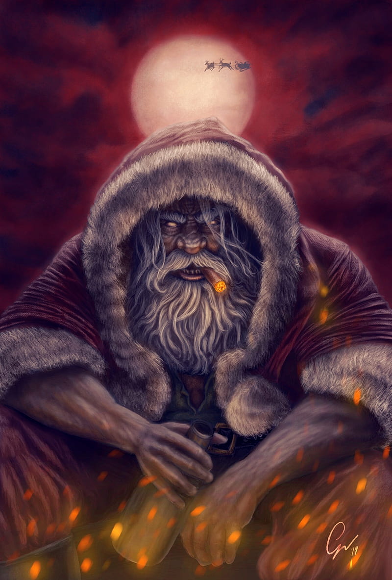 Santa Claus, smoking, dark, Fantasy Men, artwork, frontal view, HD phone wallpaper