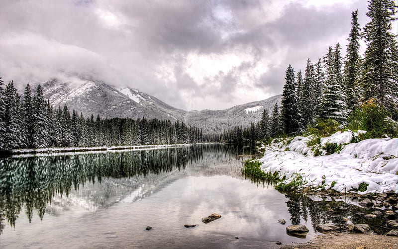 Canada, lake, winter, forest, Alberta, fog, mountains, HD wallpaper
