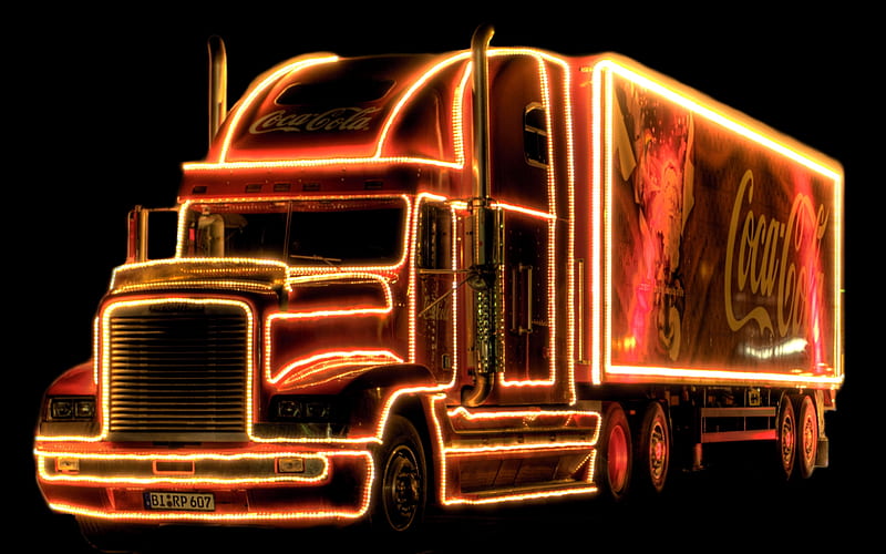 lighted coke truck in the dark, coca cola, christmas, bonito, xmas, lighted, coke truck, trailer, coca cola, truck, illuminated, HD wallpaper