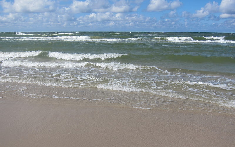 Baltic Sea in Poland, beach, Poland, waves, sea, clouds, HD wallpaper