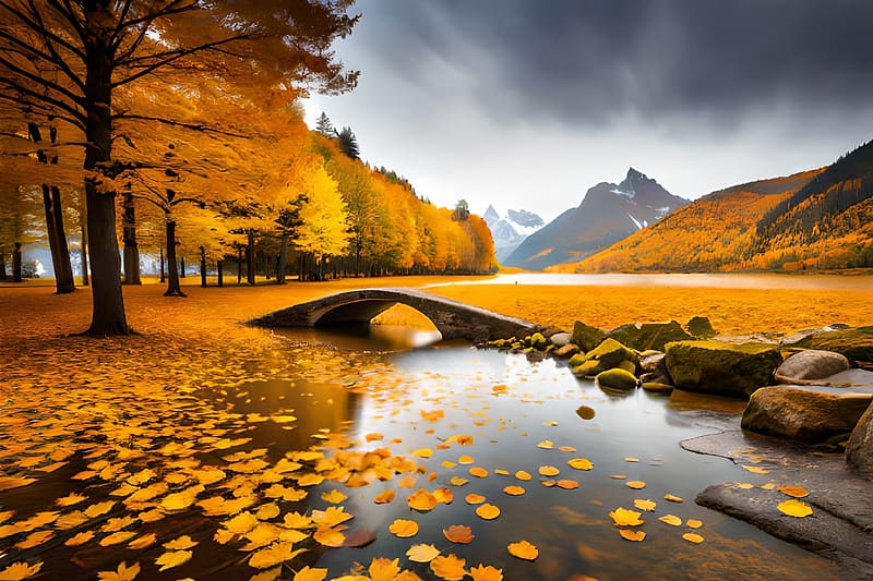 Autumn Lake with yellow maple leaves, Water, Mountains, Autumn, Fall, Park, HD wallpaper