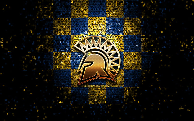 San Jose State Spartans, glitter logo, NCAA, blue yellow checkered background, USA, american football team, San Jose State Spartans logo, mosaic art, american football, America, HD wallpaper