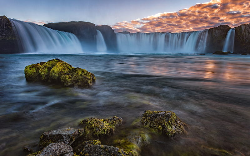 sunset, waterfall, Iceland, lake, stones, green moss, HD wallpaper