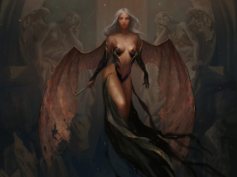 Demoness, mojart, fantasy, wings, demon, brown, bat, art, luminos, angel, moj art, HD wallpaper