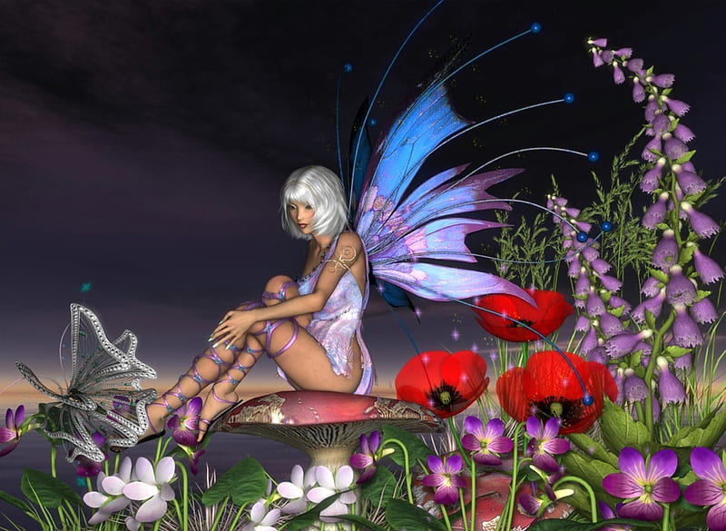 FAIRY SUROUNDED BY FLOWERS, colorful, butterfly, flowers, mushrooms, fairy, HD wallpaper