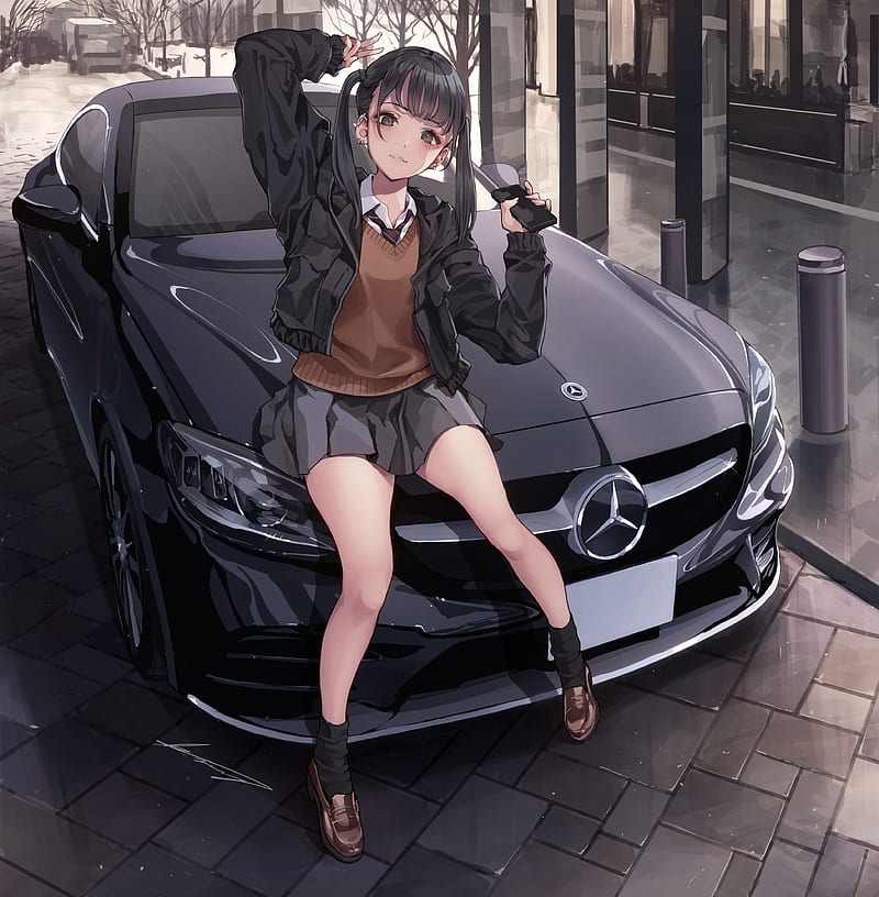 anime girls, Mercedes Benz, school uniform, HD phone wallpaper