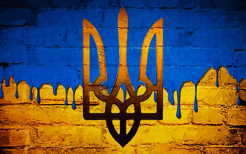 Flag of Ukraine, arms of Ukraine, brick wall, paint, Ukrainian flag, symbols of Ukraine, Ukrainian coat of arms, creative, HD wallpaper