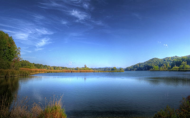 Clear Blue Lake, deep blue, luminous, vivid color, gold bushes, trees, clouds, sky, HD wallpaper