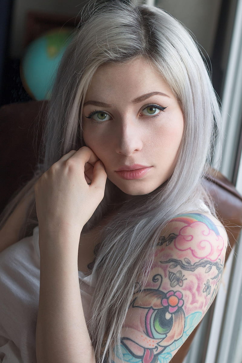Marlene Suicide, women, model, dyed hair, portrait, portrait display, looking at viewer, face, eyeliner, depth of field, white tops, inked girls, tattoo, women indoors, Suicide Girls, HD phone wallpaper