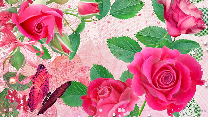 Bright Roses Bright Butterfly, lace, roses, floral, butterfly, sequins, bright, summer, flowers, pink, Firefox Persona theme, HD wallpaper