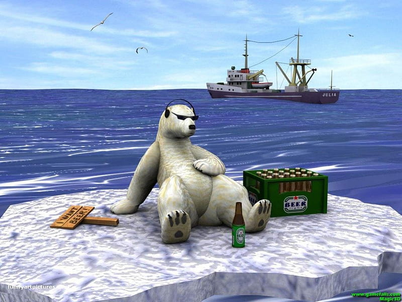 Funny PolarBear, ships, water, ocean, black, ice, white, beer, HD wallpaper