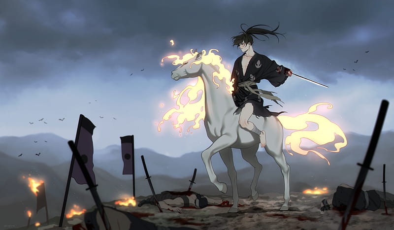 dororo, hyakkimaru, horse, flames, yukata, katana, Anime, HD wallpaper