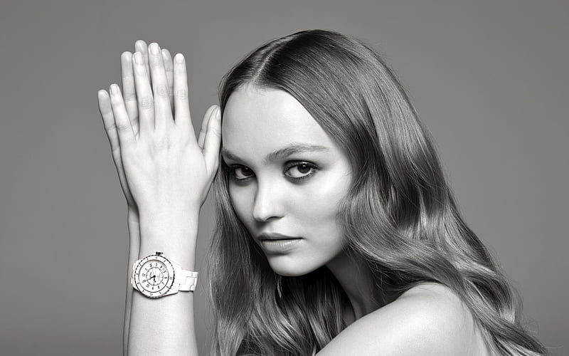 Lily Rose Depp, American actress, fashion model, portrait, hoot, monochrome, Lily-Rose Melody Depp, HD wallpaper