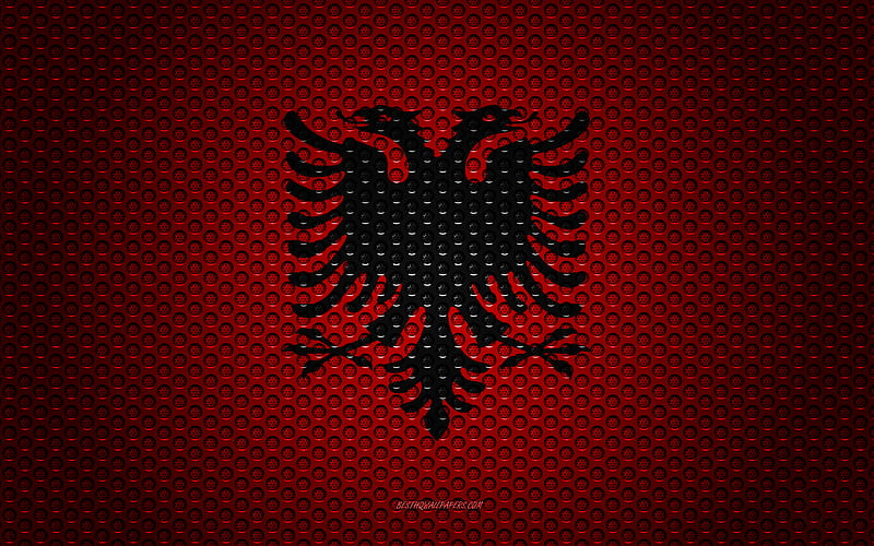 Flag of Albania creative art, metal mesh texture, Albanian flag, national symbol, Albania, Europe, flags of European countries, HD wallpaper