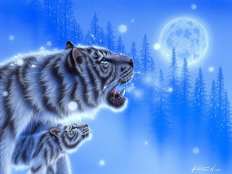 ★Mother's Bosom in Winter★, family, holidays, tigers, digital art, xmas and new year, frosty, paintings, landscapes, drawings, animals, blue, moons, blue dreams, colors, love four seasons, sky, christmas trees, winter, big wild cats, cool, snow, nature, beloved valentines, white, HD wallpaper