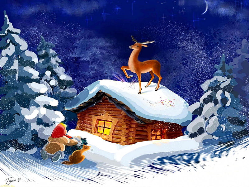 Deer on the roof, pretty, house, cottage, children, cabin, bonito, eve, nice, painting, path, evening, light, kids, night, roof, lovely, holiday, christmas, hpuse, new year, lonely, snowman, tree, snow, roe, wooden, HD wallpaper