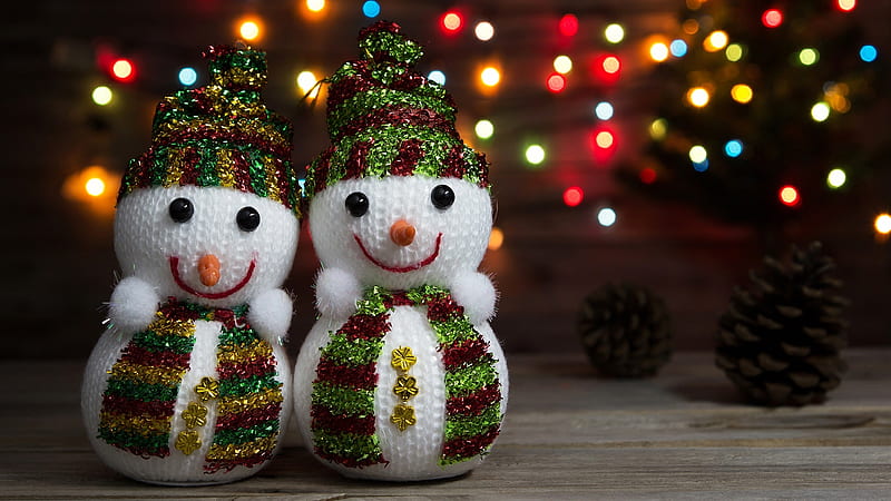 Merry Christmas!, craciun, christmas, scarf, snowman, couple, lights, card, hat, HD wallpaper