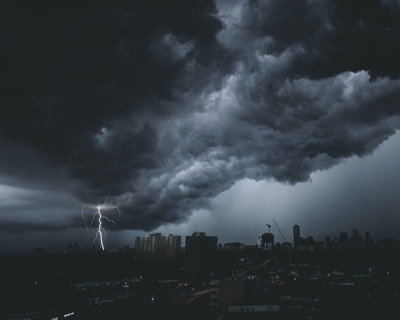 lightning, glow, city, clouds, sky, HD wallpaper