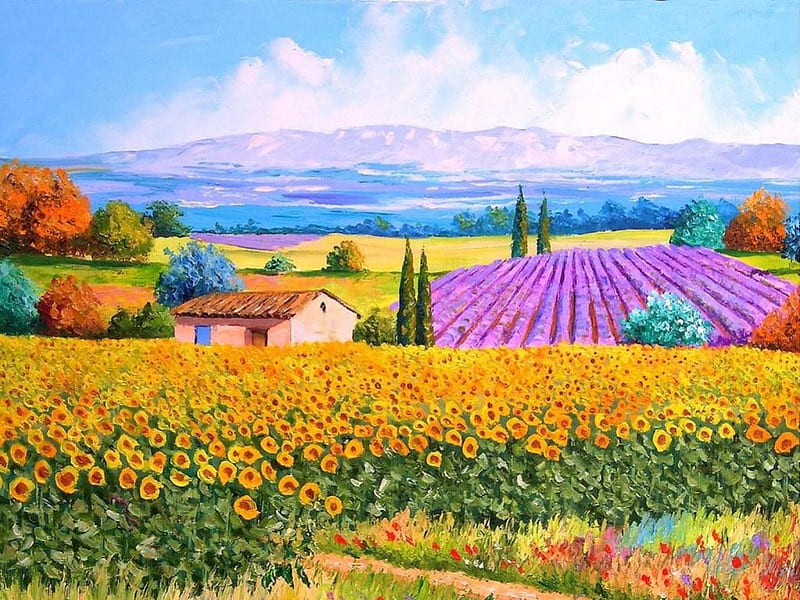 Colourful Landscape, art, house, sunflowers, mountains, painting, pine trees, fields, HD wallpaper