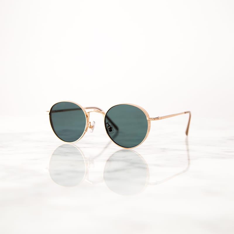 gold-colored framed hippie sunglasses on white surface, HD phone wallpaper