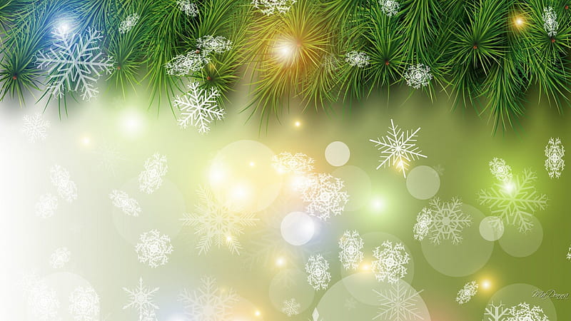 Winter Glowing Green, glow, shine, abstract, lights, winter, tree, pine, snowflakes, fir, spruce, HD wallpaper