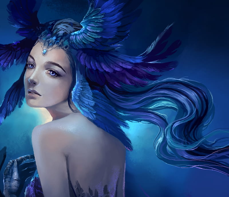 Little harpy, fantasy, wings, jyundee, luminos, girl, blue, HD wallpaper