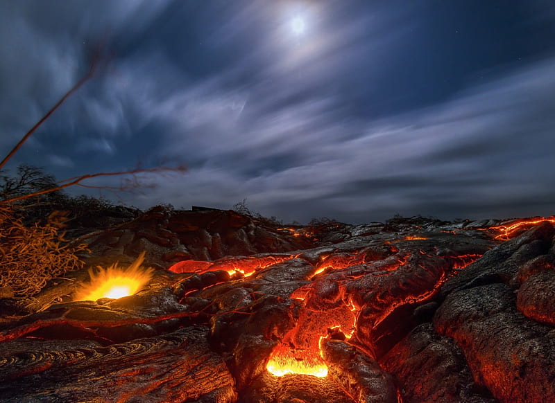 Lava Flows, islands, Hawaii, sky, clouds, volcano, molten hot lava, moon, geology, earth, night, HD wallpaper