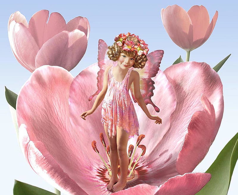 Fairy, cute, fantasy, girl, adrian chesterman, flower, pink, tulip, HD wallpaper
