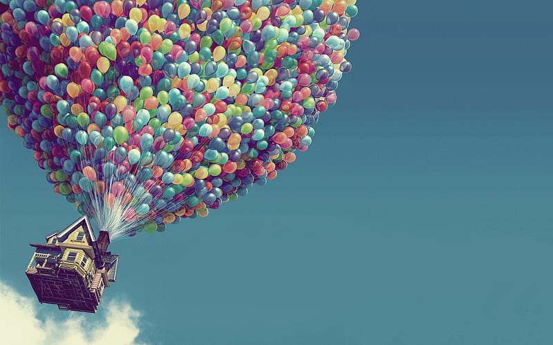Balloons, pretty, colorful, house, clouds, sweet, graphy, nice, funn, blue, pic, lovely, colors, sky, abstract, cute, balloon, cool, funny, HD wallpaper