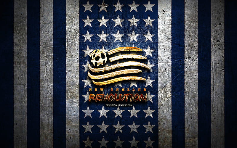 New England Revolution, golden logo, MLS, blue metal background, american  soccer club, HD wallpaper