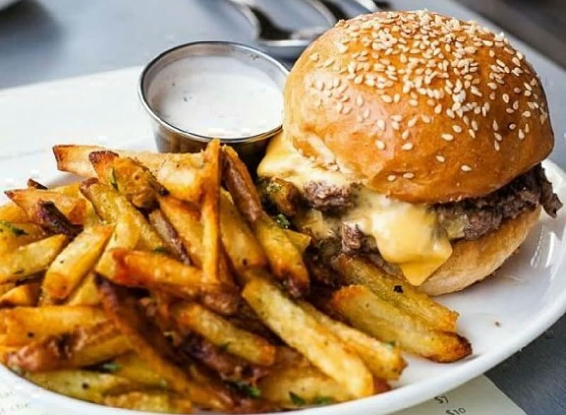 Burger and fries, gastronomy, potato, Burger, souce, food, HD wallpaper