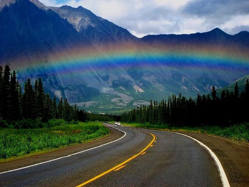 Rainbow, highway, above, appearance, stands, HD wallpaper