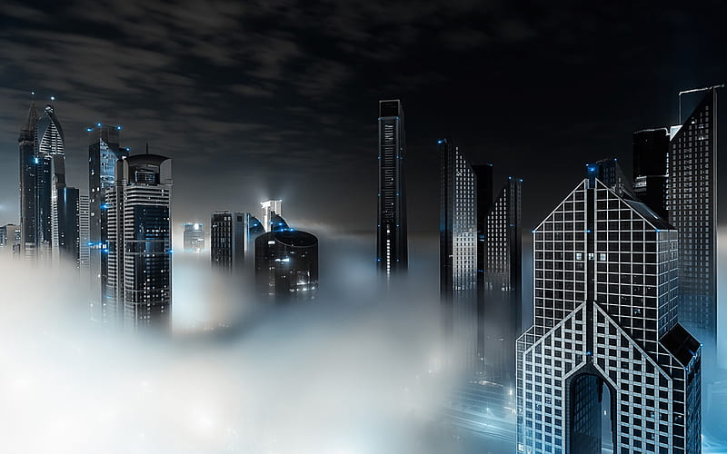 UAE, Dubai, skyscrapers, fog, nightscapes, modern buildings, United Arab Emirates, HD wallpaper