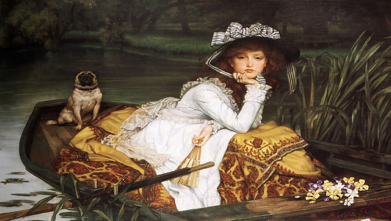 A Day On The Lake, rowboat, art, woman, dog, HD wallpaper