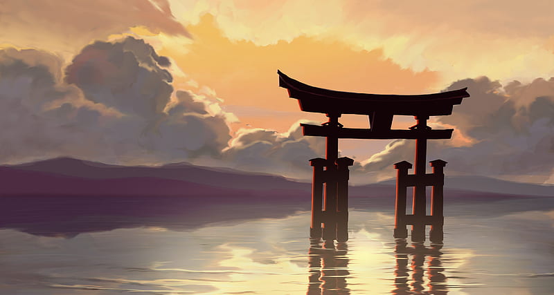 Anime, Shrine, Lake, Landscape, Torii, HD wallpaper