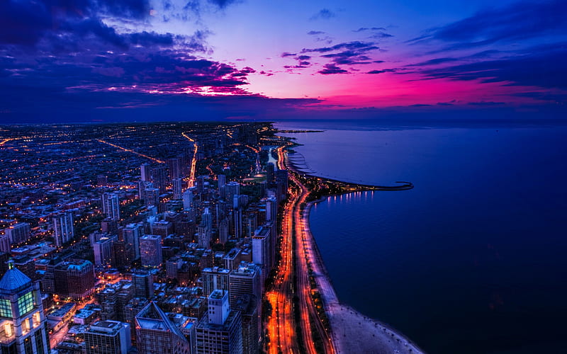Chicago, USA, night, quay, coast, city lights, way, Lake Michigan, Illinois, HD wallpaper