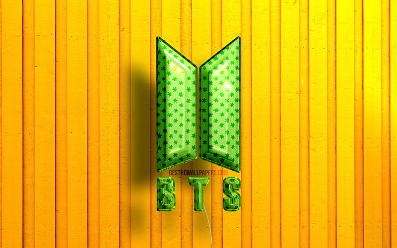 BTS 3D logo Bangtan Boys logo, green realistic balloons, yellow wooden backgrounds, Bangtan Boys, BTS logo, BTS, HD wallpaper