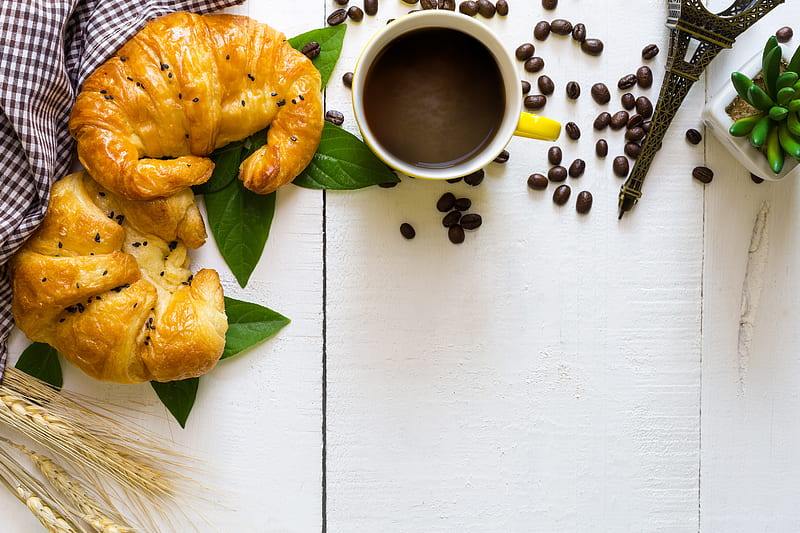 Food, Breakfast, Coffee, Croissant, Cup, Drink, Still Life, HD wallpaper