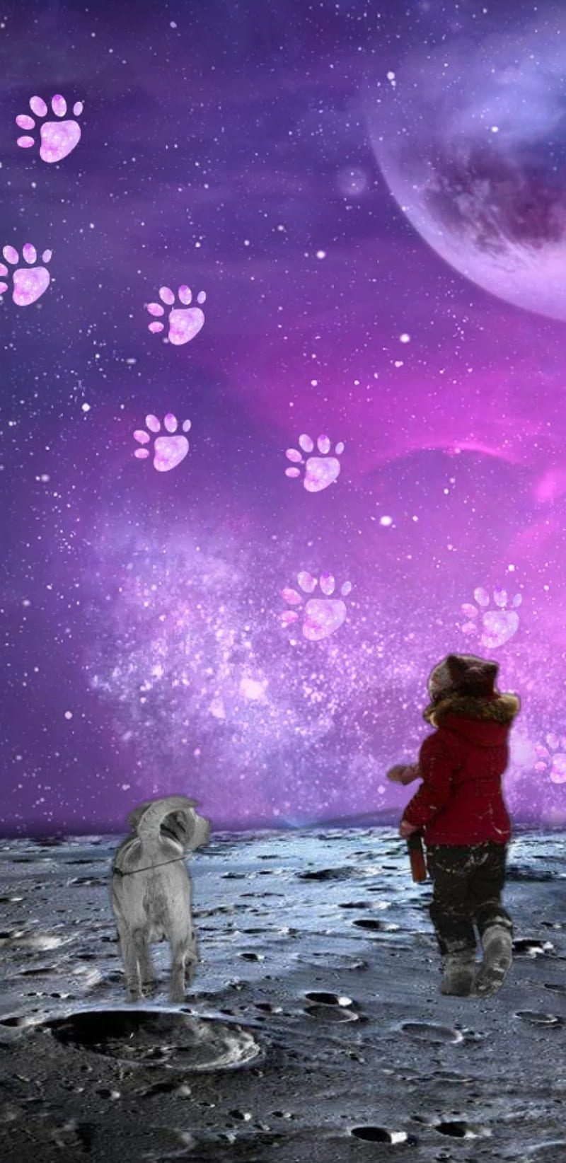 Moon walk, dog, girl, moons, nebula, sky, space, star, stars, HD phone wallpaper